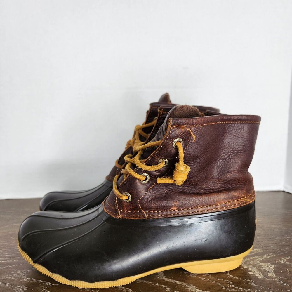 Sperry Women's Black Brown Lace Up Leather Waterproof Duck Rain Boot Size 8